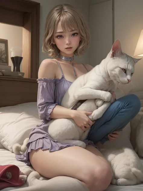 1 girl, (((lying in bed with white cat on top of her))), pink dress, brown bed, cheerful blue eyes, smiling, striped socks, blond clean short hair, bright room, natural light.