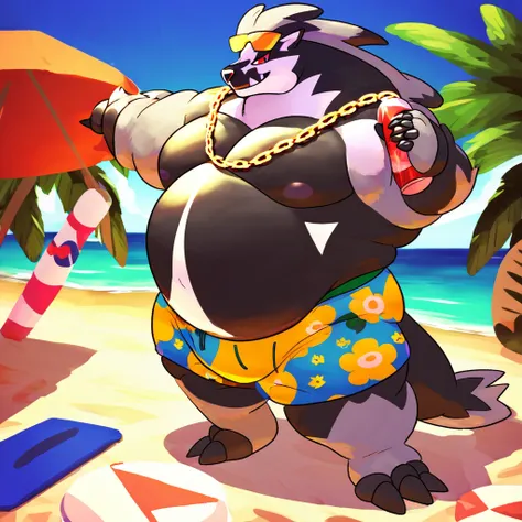 score_9_up, solo, male obstagoon, anthro, male, pokemon, pokemon (species), generation 1 pokemon, sunglasses on head, gold chain necklace, shirtless, swimming shorts, belching, holding soda, beach party, inflating, inflated arms, inflated legs, body inflat...