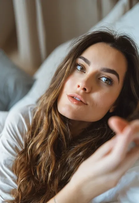 a 25-year-old woman a selfie in bed, blowing natural a kiss to the camera