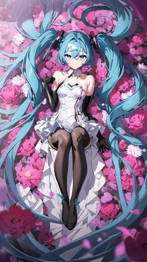 masterpiece, highest quality, one girl, alone, long hair, hatsune miku, twin tails, very long hair, dress, blue hair, gloves, wh...