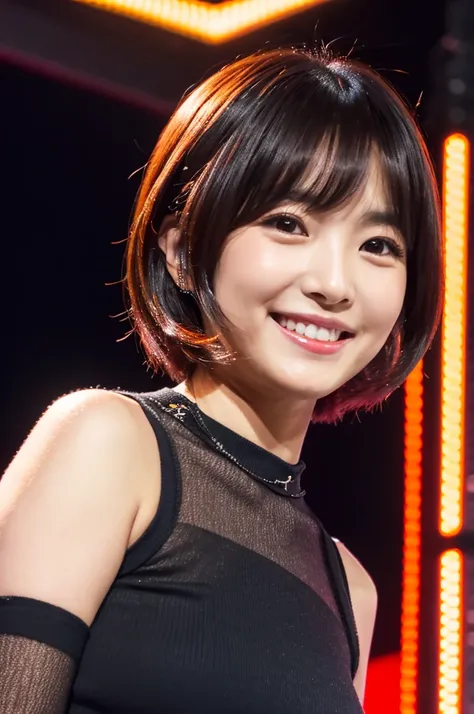 Please create an image of a Japanese woman in her 20s who looks like an idol、Black blouse、Facing forward、Short Bob、Orange Hair、indoor、Ultra HD、Highest Resolution、Put your entire upper body in、Hold the microphone、smile, Vertical aspect ratio