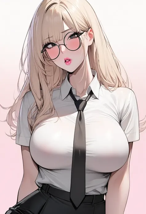 1 girl, solo, light blonde hair, black eyes, white shirt, pastel colors, big breast, lipgloss, big round glasses, korean, straig...