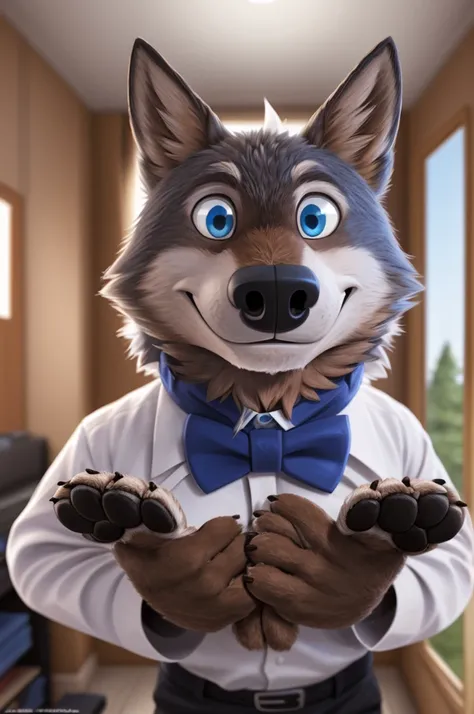 Larry (Zveropolis), wolf, Gray Fur, (brown body:1.3), beautiful blue eyes, Zveropolis, dressed, shirt,trousers,the bow tie,canine,wolf, detailed fur, male, second, paw pads, finger claws,одевает the bow tie, Games,At the viewer, 5 fingers, paws, 4 toes, in...