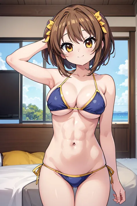 masterpiece, best quality, ultra detailed, ultra high resolution, very detailed face, (((solo))), ((kyoani haruhi style)), top down angle, 20 years old girl, slim, ((Haruhi Suzumiya)), (((bikini))), (((darkbrown bob hair))), (((large breast))), (six pack a...