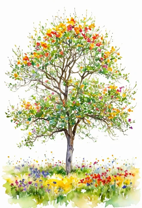 watercolor of a wildflower tree unique beautifull image vivid colors white background