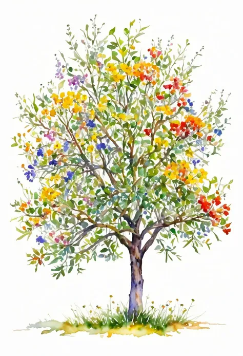 watercolor of a wildflower tree unique beautifull image vivid colors white background