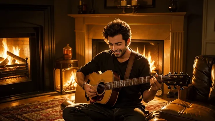 arafed man and a  playing a guitar in front of a fire place, warm and joyful atmosphere, photo still, album, advertising photo, shutterstock, portrait shot, on a dark background, playing the guitar, talking around a fire, roaring fire, fire place roaring, ...