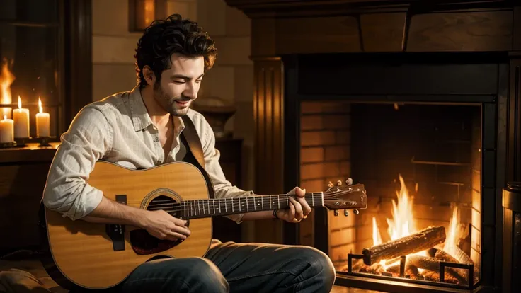 arafed man and a  playing a guitar in front of a fire place, warm and joyful atmosphere, photo still, album, advertising photo, shutterstock, portrait shot, on a dark background, playing the guitar, talking around a fire, roaring fire, fire place roaring, ...