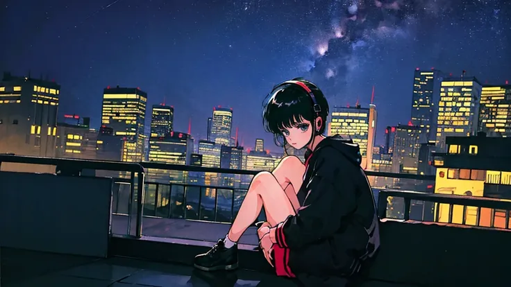 Black short Hair, Black Clothing, One Adult Woman Looking Sideways ,Blue headphones、 City of night, Delicate background、Masterpiece、Night Town、night、dark、Nostalgic、1980s, retro