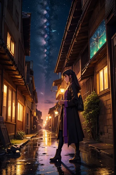 Vast landscape photos、A beautiful girl standing with a motorcycle in the background of a ruined city、puddle、Buildings eroded by nature、watercolor wind、A scene from the history of BREAK、 Artwork by、(Warm color light source:1.2)、(fire flies:1.2)、purple and g...