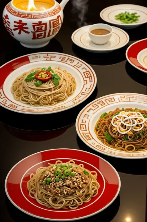 A Chinese background that says wang lui And of course a plate with provocative Chinese noodles with smoke