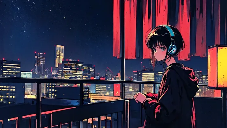 black short hair, black clothing, one adult woman looking sideways ,blue headphones、 city of night, delicate background、masterpi...