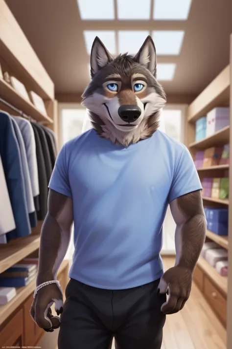 Larry (Zveropolis), wolf, Gray Fur, (brown body:1.3), beautiful blue eyes, Zveropolis, dressed, t-shirt,trousers,thick-soled sandals, observant,wolf, detailed fur, male, second, paw pads, finger claws, viewer, 5 fingers, paws, 4 toes,holding sandals, 
BREA...