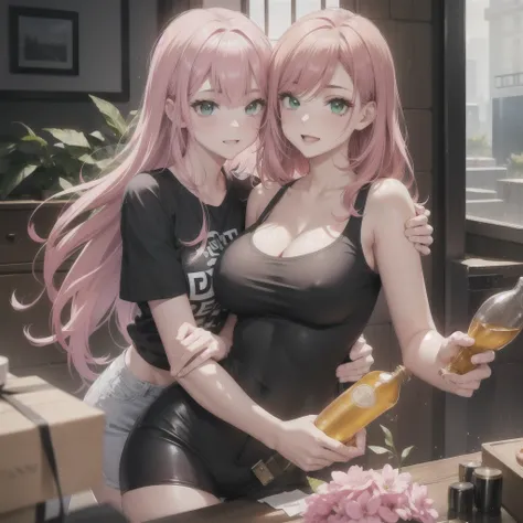 close up , sexy young man, pink hair. Her face is tilted slightly to the left and she looks radiant and happy, green eyes wide open and glowing with excitement. She is looking intently at a glass bottle full capsules of drugs , with emphasis on the capsule...