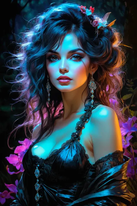 A beautiful buxom woman in close-up, in a lace corset against the background of a savannah with a lake, teeming with wildlife with ancient predators and birds, in jewelry with rubies, neat, elegant, (((((((((( improved aesthetics))))), in the style of Ben ...