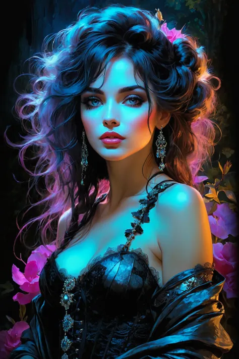 A beautiful buxom woman in close-up, in a lace corset against the background of a savannah with a lake, teeming with wildlife with ancient predators and birds, in jewelry with rubies, neat, elegant, (((((((((( improved aesthetics))))), in the style of Ben ...