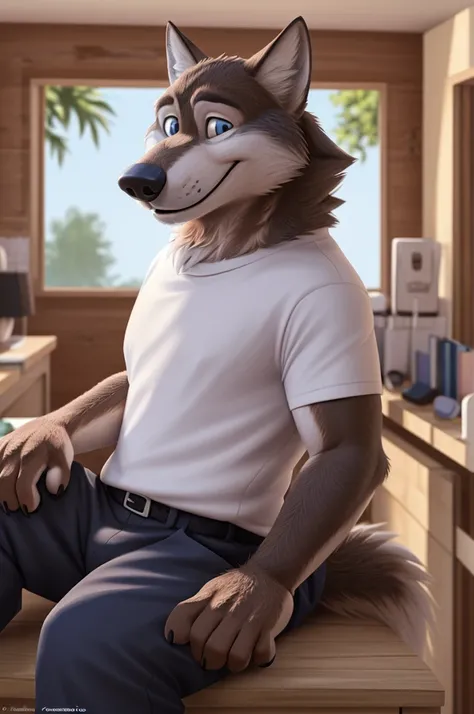 Larry (Zveropolis), wolf, Gray Fur, (brown body:1.3), beautiful blue eyes, Zveropolis, dressed, t-shirt,trousers,thick-soled sandals, observant,wolf, detailed fur, male, second, paw pads, finger claws, viewer, 5 fingers, paws, 4 toes,holding sandals, 
BREA...