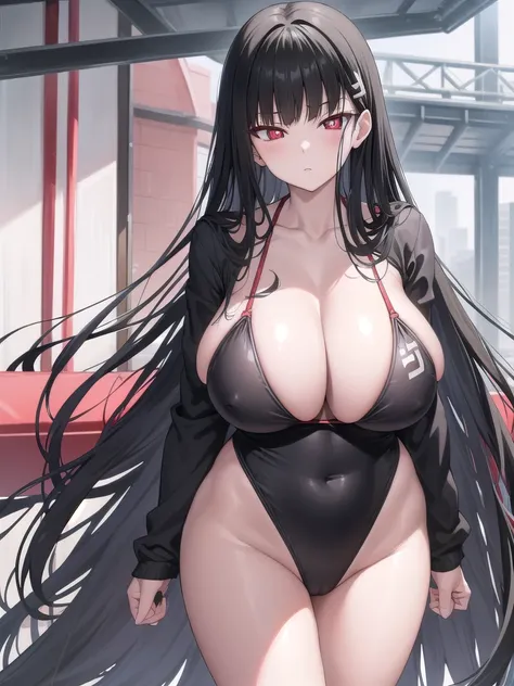 Rivertsukatsuki, River, black hair, (red eyes:1.5), hair ornament, hairclip, Halation, long hair,
、Extremely large breasts(4700)、 Huge 、Two people、lace high leg swimsuit、A girl with long black hair and long grey hair