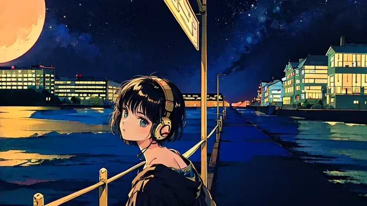 Black short Hair, One Adult Woman, Blue headphones、night, Delicate background、Masterpiece、Night Town、night、dark、Nostalgic、1980s, retro, seaside