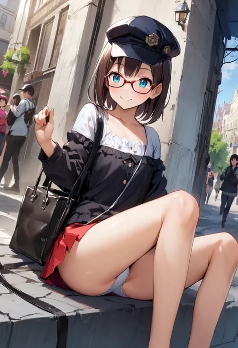 spread leg legs、sit、Looking away、Chat with friends、In town、bustling street、Glasses、cap、Panties、Shoulder bag、mini skirt、Private Server、Girl、Girl、Short、Younger、Baby Face、flat chest、Dynamic Angle、Useless、smile、Both eyes open、Voyeur style
