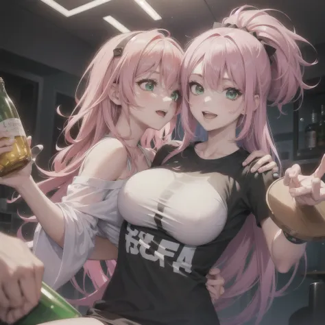 close up , sexy young man, pink hair. Her face is tilted slightly to the left and she looks radiant and happy, green eyes wide open and glowing with excitement. She is looking intently at a glass bottle full capsules of drugs , with emphasis on the capsule...