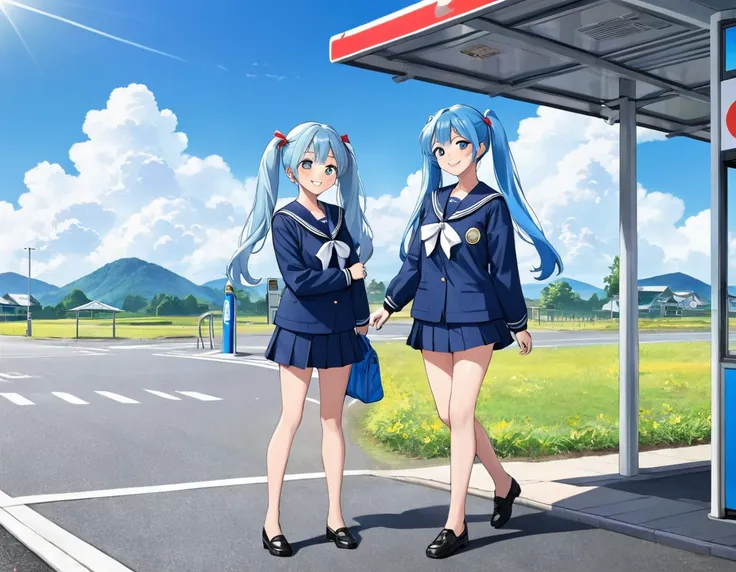 Light blue long hair、Two beautiful girls with twin tails、Sailor suit、Bright smile、Full Body View、Rural landscape、Waiting for a bus at the bus stop、I can see the bus、White clouds in blue sky、Face Highlights