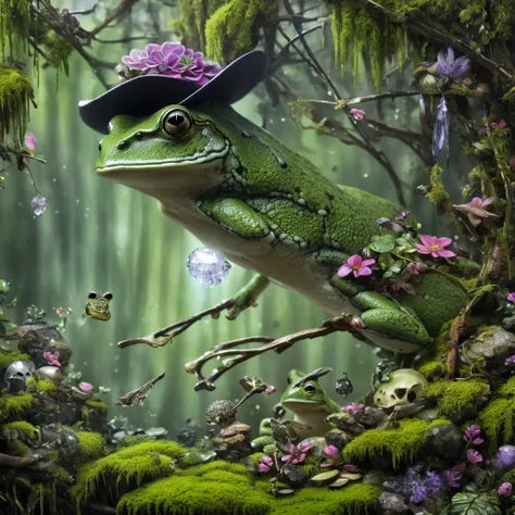  Frog, Skull, hat, smoking, biome made of moss, branches, flowers, gems, crystals, light, wind, energy, hope, ultra-high definition, Glossy, a fae captured on camera in his biome, watercolor drawing in art style, Large strokes, finished with in 8k, Fine li...