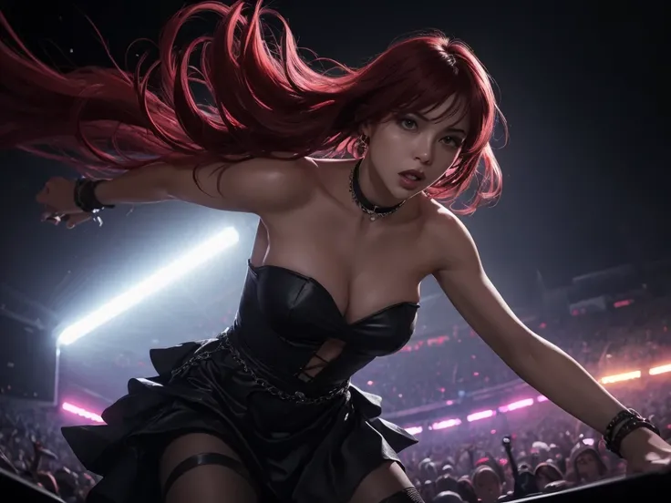 splash art, riot games, original art, 1 women, 4k, singing, ((low pov)), low shot, low angle, ((dynamic angle)), ((visual effect)), ultra realistic, ((dark)),  dark environment with neon lighting, neon, big stadium concert venue, singer, rockstar, concert,...