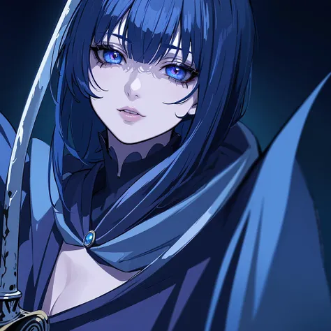 A dark girl with a blue cape and a shiny sword, junji ito style, detailed face, beautiful eyes, detailed lips, blood, 8k, 4k, (masterpiece:1.2), ultra-detailed, realistic, vivid colors, studio lighting, physically-based rendering