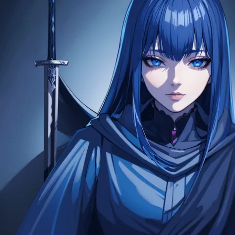 A dark girl with a blue cape and a shiny sword, junji ito style, detailed face, beautiful eyes, detailed lips, blood, 8k, 4k, (masterpiece:1.2), ultra-detailed, realistic, vivid colors, studio lighting, physically-based rendering