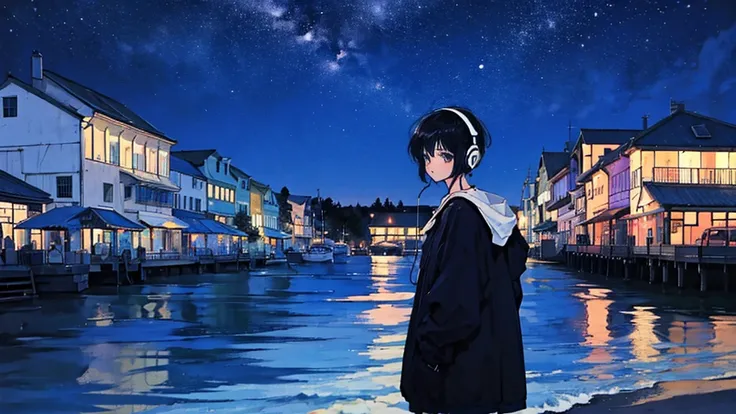 Black short Hair, One Adult Woman, Blue headphones、night, Delicate background、Masterpiece、Night Town、night、dark、Nostalgic、1980s, retro, seaside