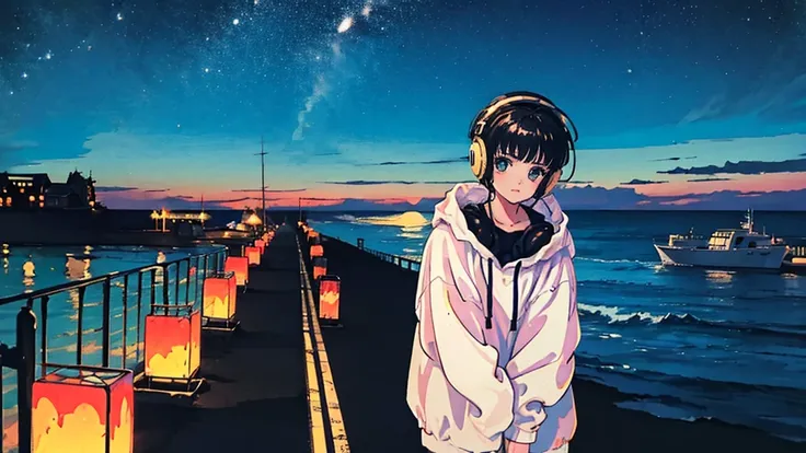 Black short Hair, One Adult Woman, Blue headphones、night, Delicate background、Masterpiece、Night Town、night、dark、Nostalgic、1980s, retro, seaside