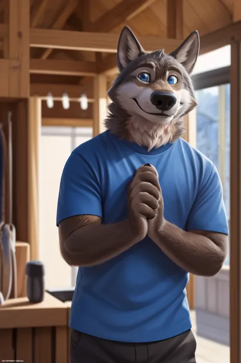 Larry (Zveropolis), wolf, Gray Fur, (brown body:1.3), beautiful blue eyes, Zveropolis, dressed, t-shirt,trousers,thick-soled sandals, observant,wolf, detailed fur, male, second, paw pads, finger claws, viewer, 5 fingers, paws, 4 toes,holding a shoehorn, 
B...