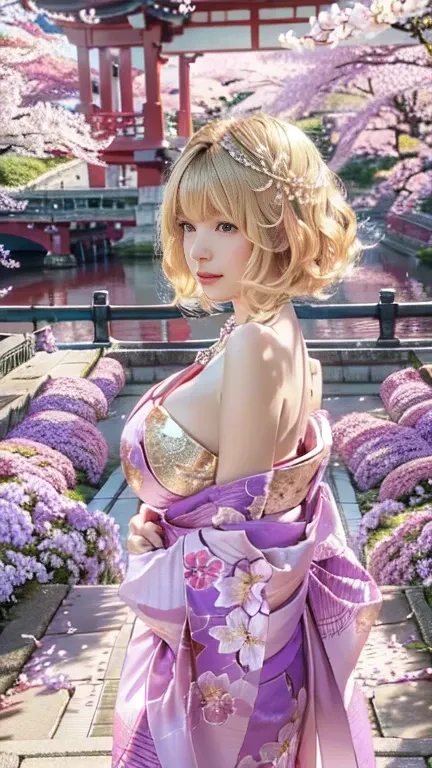 the same,
One Woman,

Golden Hair,
(Short Hair.05),Ashime,straight,

((Flower Hair Ornaments)),Purple Necklace,

Natural skin texture,Big ,Narrow waist,
Pink Lipstick,

kimono,Hydrangea pattern,

Big Bridge,Cherry blossom trees,Summer Scenery,Dancing cherr...