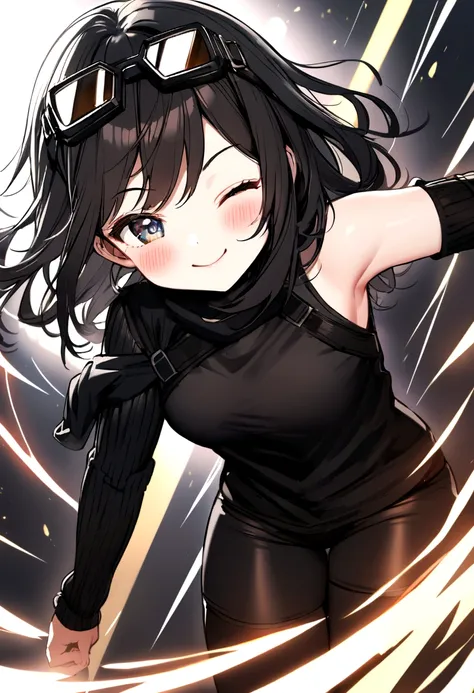 A cute white girl with messy black hair is wearing black goggles on her head. She has her eyes closed and a slight blush on her cheeks as she smiles. She is dressed in a black, shoulder-off shirt, black biker shorts, and rush arm warmers."





