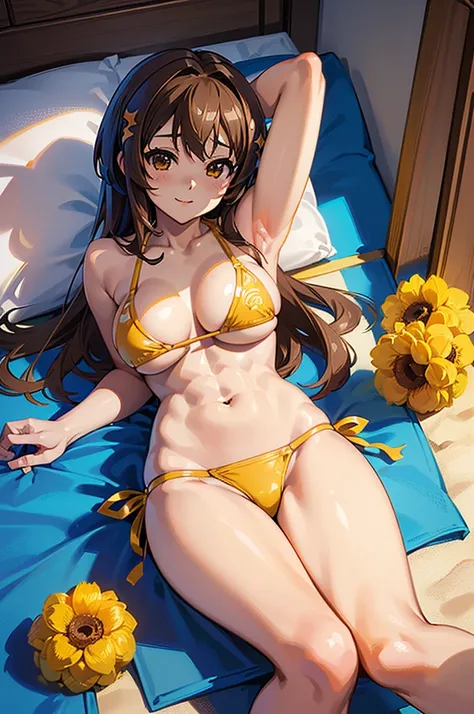 masterpiece, best quality, ultra detailed, ultra high resolution, very detailed face, (((solo))), ((kyoani haruhi style)), top down angle, 20 years old girl, slim, ((Haruhi Suzumiya)), (((bikini))), (((darkbrown bob hair))), (((large breast))), (six pack a...