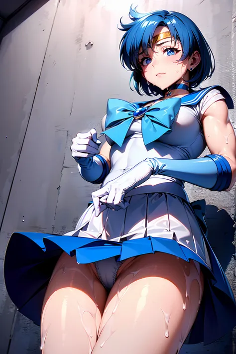 NSFW　{{Sailor Mercury}}so beautiful,, Highest quality, Realistic, Complex, Overall Details　Blue Hair, Magical girl, Blue eyes, Blue Skirt, Cute white panties、White elbow-length gloves, tiara, Pleated skirt ,Blue long boots　Light Blue Sailor Necklace, mini ...