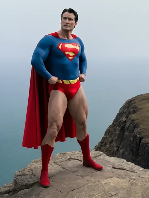 Cold, cloudy sky, middle-aged Superman, broad shoulders, protruding chest, thick neck, arms and thighs that have gained fat, no abdominal muscles, dull colored costume, Superman mark spread out to the sides, small red briefs bulging, cape fluttering in the...