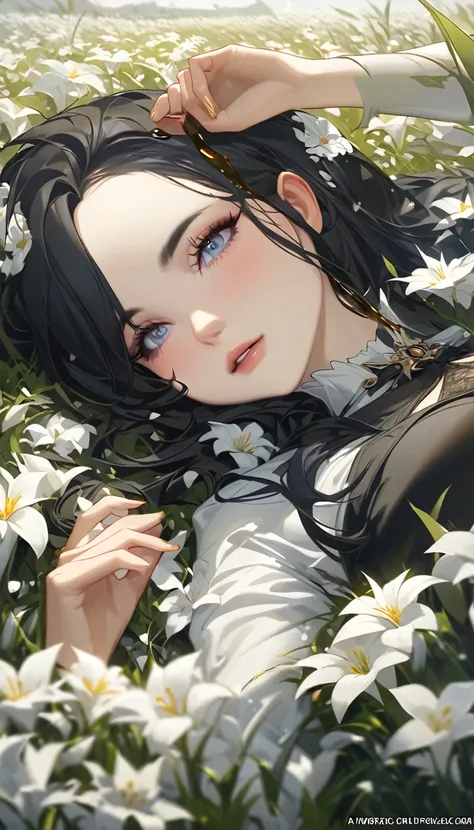  (oil:1.5),

A woman with long black hair and white flowers in her hair is lying in a field of white flowers。, (Amy Sol:0.248), (Stanley Artjam Lau:0.106), (Detailed painting:0.353), (Gothic art:0.106)