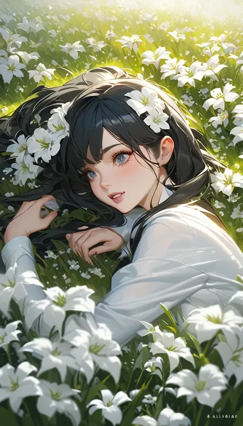  (oil:1.5),

A woman with long black hair and white flowers in her hair is lying in a field of white flowers。, (Amy Sol:0.248), (Stanley Artjam Lau:0.106), (Detailed painting:0.353), (Gothic art:0.106)