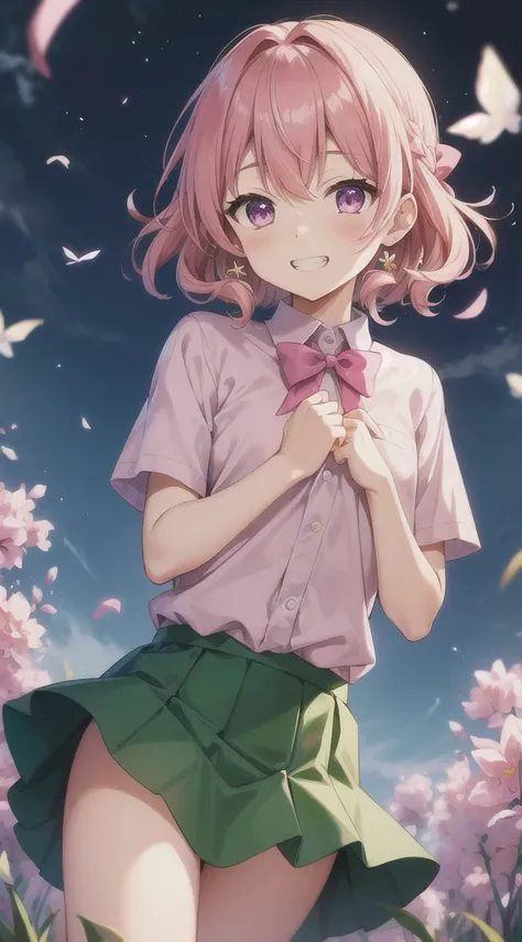 masterpiece, Highest quality, High resolution, break,
Moeka Nitta, Pink Hair, Hair Ribbon, Pink ribbon, Curly Hair, short hair, Purple eyes, Pink Eyes, 
chest, Pink Shirt, Green bow tie, Green Skirt, Checked skirt, ,chestの谷間, Grin, 
 break
,Lovely,Midnight...