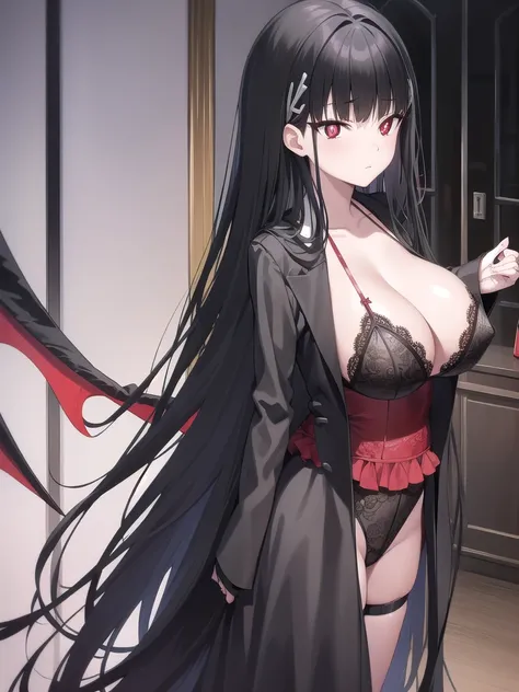 Rivertsukatsuki, River, black hair, (red eyes:1.5), hair ornament, hairclip, Halation, long hair,
、Extremely large breasts(4700)、 Huge 、Two people、lace devil lingerie、A girl with long black hair and long grey hair