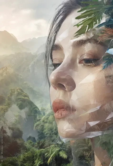 Dubrec style，Brunette woman transparent face close-up，Jungle mountains image foreground，（multiple exposure：1.8），Complex illustrations in surrealist art style，Surreal dreams