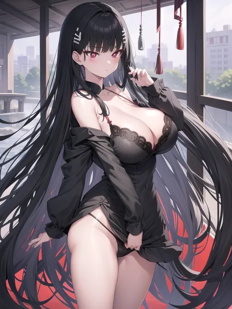 Rivertsukatsuki, River, black hair, (red eyes:1.5), hair ornament, hairclip, Halation, long hair,
、Extremely large breasts(4700)、 Huge 、Two people、lace devil lハイレグingerie、A girl with long black hair and long grey hair