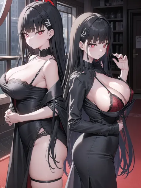 Rivertsukatsuki, River, black hair, (red eyes:1.5), hair ornament, hairclip, Halation, long hair,
、Extremely large breasts(4700)、 Huge 、Two people、lace devil lingerie、A girl with long black hair and long grey hair