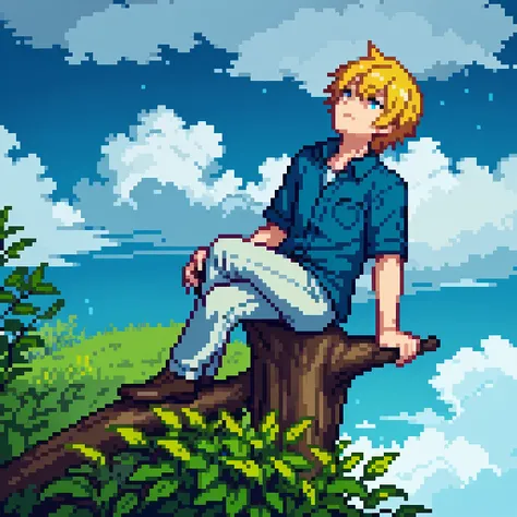 A boy with long yellow hair, sitting on a cut tree, watching clouds blowing with rain, his face is sad, he wears a blue shirt and has a sword Made of grass, (maximum quality, maximum details, 4k, 8k, light tones, high polish:1.2, sunlight between clouds, l...