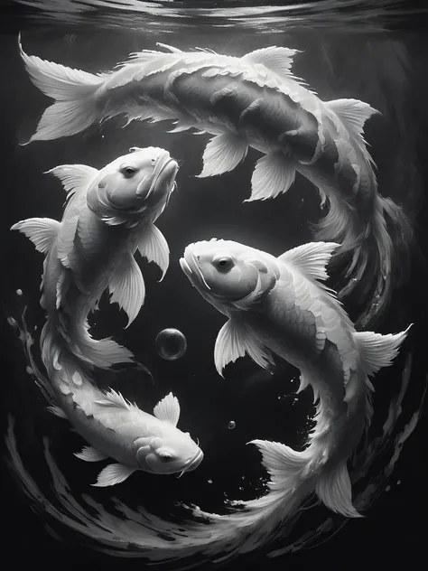 stunning black and white graphite sketch of Koi fish forming the yin/yang symbol in a pond, panoramic shot, from The Lord Of The Rings trilogy, in dynamic pose, by Anna Razumovskay, (by Alyssa Monks:1.1), by Joseph Lorusso, by Lilia Alvarado, beautiful lig...