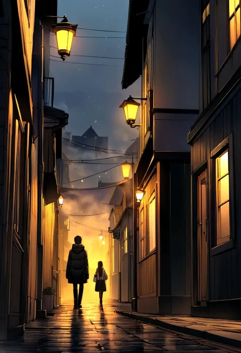 Create a scene, at night, on a dark street inspired by the streets of London, lit only by the yellow light of a distant streetlight. the street tiles are wet and fog hangs in the air. The street is deserted, only two young people stand out in the landscape...