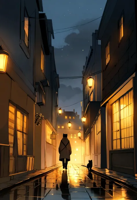 Create a scene, at night, on a dark street inspired by the streets of London, lit only by the yellow light of a distant streetlight. the street tiles are wet and fog hangs in the air. The street is deserted, only one man stands out in the landscape. A man ...