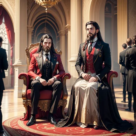 Create an artwork of a Victorian castle and in the middle of the hall there is a red gold throne, Sitting on this red throne is a man with long black hair and a short beard that match his age., he is dressed in black formal clothing and adorned with a red ...